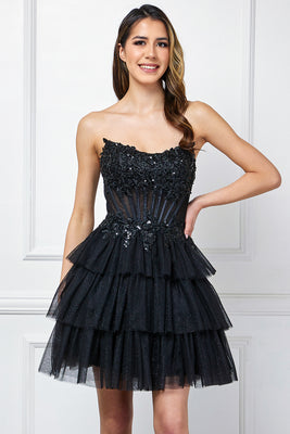 Wholesale Strapless Sweetheart Sequin Corset Tiered Tulle Mini Dress By LAA9066S