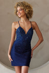 Load image into Gallery viewer, Rhinestone Ruched Backless Mini Dress Crisscross Straps Party Dress By LAA3100S - NAVY - Dress LAA