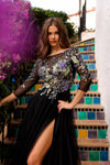 Load image into Gallery viewer, Wholesale Sheer Floral Embroidered High Slit Evening Gown By LAATM1021 - - LAA