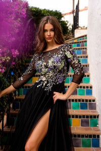 Wholesale Sheer Floral Embroidered High Slit Evening Gown By LAATM1021