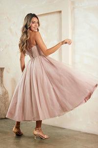 Wholesale Strapless Sweetheart Corset Tulle Midi Party Dress with Lace-Up Back By LAA6203S