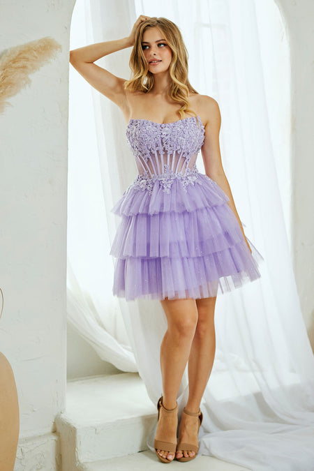Wholesale Strapless Sweetheart Sequin Corset Tiered Tulle Mini Dress By LAA9066S