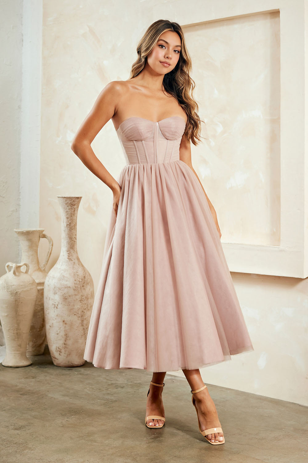 Wholesale Strapless Sweetheart Corset Tulle Midi Party Dress with Lace-Up Back By LAA6203S