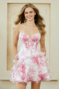 LA Merchandise LAA2069S Ruffle Tier Sweetheart Short Cocktail Dress Floral Corset Bodice HOCO Party Dress
