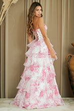 Load image into Gallery viewer, Wholesale Strapless Floral Ruffle Tiered High Slit A-Line Gown By LAA2060