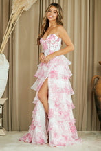 Load image into Gallery viewer, Wholesale Strapless Floral Ruffle Tiered High Slit A-Line Gown By LAA2060