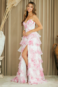 Wholesale Strapless Floral Ruffle Tiered High Slit A-Line Gown By LAA2060