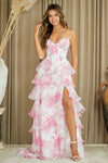Load image into Gallery viewer, Wholesale Strapless Floral Ruffle Tiered High Slit A-Line Gown By LAA2060