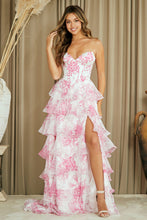Load image into Gallery viewer, Wholesale Strapless Floral Ruffle Tiered High Slit A-Line Gown By LAA2060