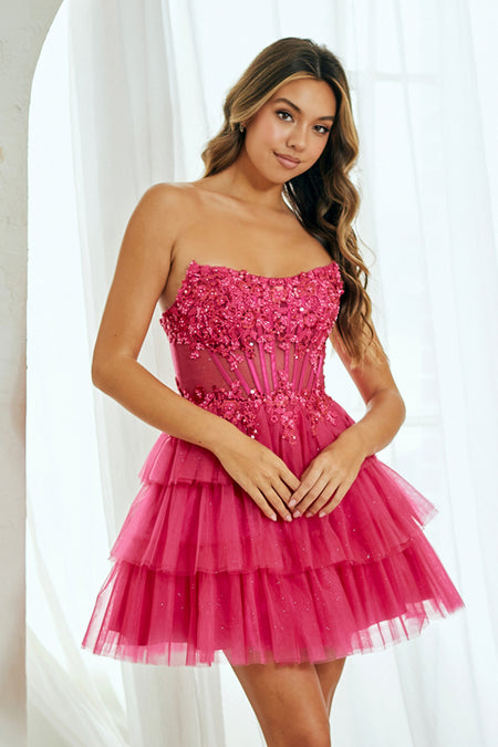 Wholesale Strapless Sweetheart Sequin Corset Tiered Tulle Mini Dress By LAA9066S