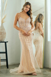 Wholesale Spaghetti Strap Embellished Mesh Fitted Evening Gown By LAA2132