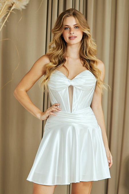 Wholesale Strapless Sweetheart Corset Satin Skater Mini Party Dress with Lace-Up Back By LAA9071S