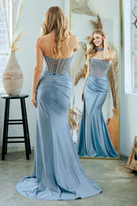Wholesale Strapless Rhinestone Corset Satin Mermaid Evening Dress with Slit By LAA2131