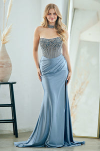 Wholesale Strapless Rhinestone Corset Satin Mermaid Evening Dress with Slit By LAA2131