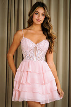 Load image into Gallery viewer, Wholesale Tiered Ruffle Short Dress with Floral Lace Corset Bodice By LAA2062S