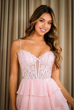 Load image into Gallery viewer, Wholesale Tiered Ruffle Short Dress with Floral Lace Corset Bodice By LAA2062S