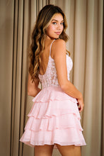 Load image into Gallery viewer, Wholesale Tiered Ruffle Short Dress with Floral Lace Corset Bodice By LAA2062S