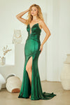 Load image into Gallery viewer, LAA9076 Wholesale Strapless Beaded Metallic Shimmer Prom Dress V-Neckline High Slit Evening Gown