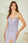 Load image into Gallery viewer, LAASU095 Wholesale Beaded Rhinestone Evening Gown with V-Neckline, High Slit &amp; Lace-Up Back