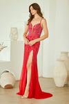 Load image into Gallery viewer, LAASU095 Wholesale Beaded Rhinestone Evening Gown with V-Neckline, High Slit &amp; Lace-Up Back