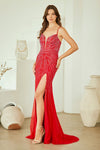 Load image into Gallery viewer, LAASU095 Wholesale Beaded Rhinestone Evening Gown with V-Neckline, High Slit &amp; Lace-Up Back