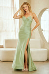 Load image into Gallery viewer, Strapless Sweetheart Corset Satin Evening Gown with High Slit &amp; Lace-Up Back Formal Prom Dress By LAA7081 - SAGE - Long Formal Dresses LAA