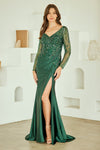 Load image into Gallery viewer, Wholesale Long Sleeve Beaded Mother of the Bride Gown with Slit Sequin Dress by LAAJQ1102 - EMERALD - Dresses LAA