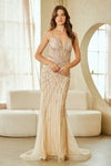 Load image into Gallery viewer, Wholesale Beaded V-Neck Mermaid Evening Gown with Illusion Bodice &amp; Crystal Detailing by LAA2135 - CHAMPAGNE - Dresses LAA