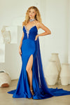 Load image into Gallery viewer, Wholesale Strapless Beaded Evening Gown with Chiffon Cape &amp; High Slit Formal Dress by LAA8055 - ROYAL BLUE - Dresses LAA
