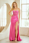 Load image into Gallery viewer, Wholesale Strapless Rhinestone Corset Satin Evening Gown with Bow Bodice &amp; High Slit by LAACC1200