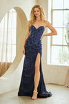 Load image into Gallery viewer, Wholesale Strapless Rhinestone Evening Gown with Floral Beading &amp; Thigh-High Slit by LAA3105 - NAVY - Dresses LAA