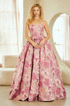 Load image into Gallery viewer, Wholesale Strapless Floral Jacquard A-Line Gown Corset Bodice Lace-Up Back Dress by LAA8068 - PINK - Long Formal Dresses LAA