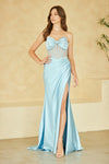 Load image into Gallery viewer, Wholesale Strapless Rhinestone Corset Satin Evening Gown with Bow Bodice &amp; High Slit by LAACC1200