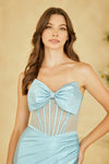 Load image into Gallery viewer, Wholesale Strapless Rhinestone Corset Satin Evening Gown with Bow Bodice &amp; High Slit by LAACC1200