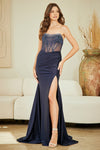 Load image into Gallery viewer, Wholesale Strapless Beaded Corset Satin Evening Gown with Slit &amp; Lace-Up Back by LAA3107