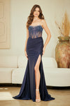 Load image into Gallery viewer, Wholesale Strapless Beaded Corset Satin Evening Gown with Slit &amp; Lace-Up Back by LAA3107