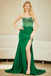 Load image into Gallery viewer, Wholesale Strapless Beaded Corset Satin Evening Gown with Slit &amp; Lace-Up Back by LAA3107