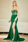 Load image into Gallery viewer, Wholesale Strapless Beaded Corset Satin Evening Gown with Slit &amp; Lace-Up Back by LAA3107