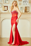 Load image into Gallery viewer, Wholesale Strapless Beaded Corset Satin Evening Gown with Slit &amp; Lace-Up Back by LAA3107