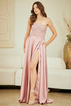Load image into Gallery viewer, Wholesale Strapless Lace Bodice Chiffon Evening Dress with Slit Formal Dress by LAA6204