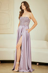 Load image into Gallery viewer, Wholesale Strapless Lace Bodice Chiffon Evening Dress with Slit Formal Dress by LAA6204