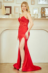 Load image into Gallery viewer, Wholesale Strapless Lace Corset Satin Prom Dress with High Slit Mermaid Evening Gown by LAA7083 - - Long Formal Dresses LAA