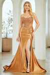 Load image into Gallery viewer, Wholesale Satin Strapless Mermaid Evening Gown with Beaded Lace Corset Bodice &amp; High Slit – Formal Prom Dress by LAA8059 - GOLD - Long Formal Dresses LAA