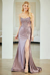 Load image into Gallery viewer, Wholesale Satin Strapless Mermaid Evening Gown with Beaded Lace Corset Bodice &amp; High Slit – Formal Prom Dress by LAA8059 - VICTORIAN PURPLE - Long Formal Dresses LAA