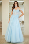 Load image into Gallery viewer, Wholesale Off-Shoulder Corset A-line Gown with Lace Appliqué Beaded Bodice by LAA8064 - LIGHT BLUE - Long Formal Dresses LAA
