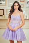 Load image into Gallery viewer, Wholesale Strapless Lace Corset Short Tulle Dress Embroidered Bodice Lace-Up Back by LAA9083S - LILAC - Dresses LAA