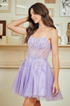 Load image into Gallery viewer, Wholesale Strapless Lace Corset Short Tulle Dress Embroidered Bodice Lace-Up Back by LAA9083S - - Dresses LAA