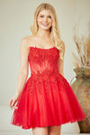 Load image into Gallery viewer, Wholesale Strapless Lace Corset Short Tulle Dress Embroidered Bodice Lace-Up Back by LAA9083S - RED - Dresses LAA