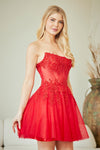 Load image into Gallery viewer, Wholesale Strapless Lace Corset Short Tulle Dress Embroidered Bodice Lace-Up Back by LAA9083S - - Dresses LAA