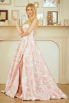 Load image into Gallery viewer, Wholesale Floral Strapless A-Line Formal Gown with High Slit &amp; Pockets Evening Dress by LAA7084